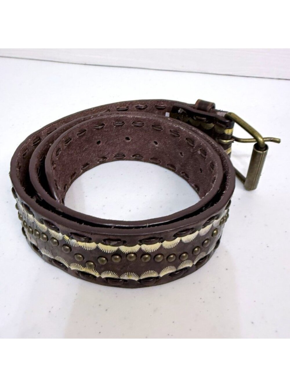 Brown Genuine Leather Western Wide Belt Size M Fits 32-34 BL76267